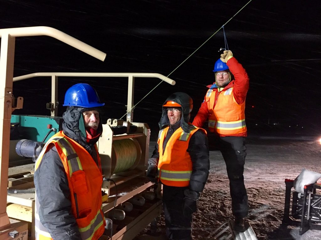 Al, Carl and Matt working to get the last few meters of tether in at the end of the day. All smiles!