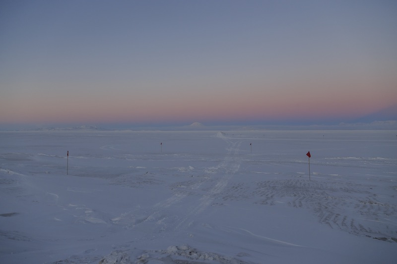 The Earth’s shadow underneath the pink glow of the rising sun. The blue Earth shadow extending up on the far right side of this image is the shadow of a mountain (although I couldn’t figure out which one - maybe Mt. Erebus). 