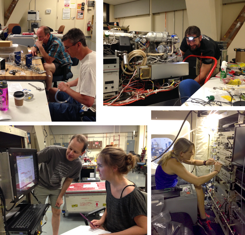 A few candid shots of the NOAA/CIRES teams during Week 1 of integration. Clockwise from top right: Karl Froyd preparing the PALMS particle mass spectrometer in the lab, Chelsea Thompson (me) installing gas plumbing for NOyO3 on the aircraft, Chuck Brock & Christina Williamson testing the Aerosol Microphysical Properties instrument in the lab, and Tom Ryerson & Jeff Peischl working on the NOyO3 inlet plate in the lab.