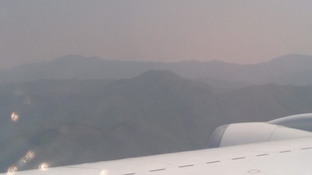 Picture of DC-8 flying near the mountains in South Korea during KORUS-AQ. Again, the aerosols in the air reduce the visibility of the mountains.