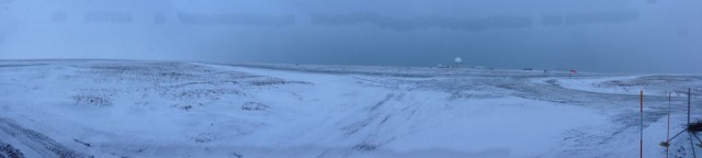 A view towards the Beaufort Sea from the AMF3.  A combination of wind (note the horizontal wind sock), overcast skies and snow made today not suitable for flying.