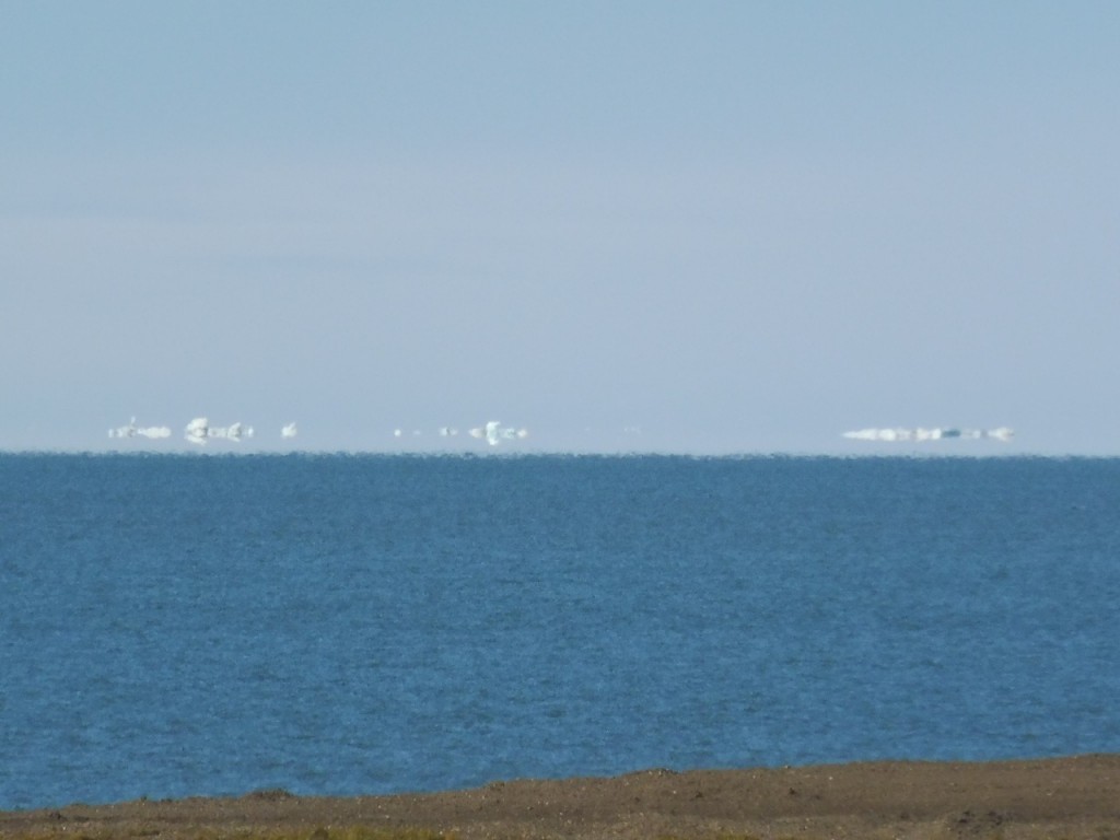 Icebergs and the offshore sea ice, with full mirage effect due to the cold ocean surface.