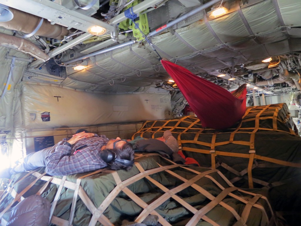 Besides the webbing seats, some of the crew made themselves more comfortable during the flight.
