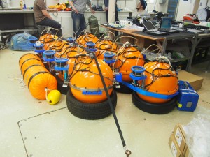 All the University of Tokyo instruments lined up after their year on the seafloor beneath Poverty Bay