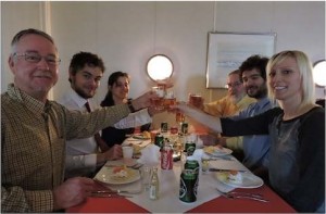 A toast to the end of a long successful cruise: Dan, John, Georgia, Arne, Francesco, Caroline