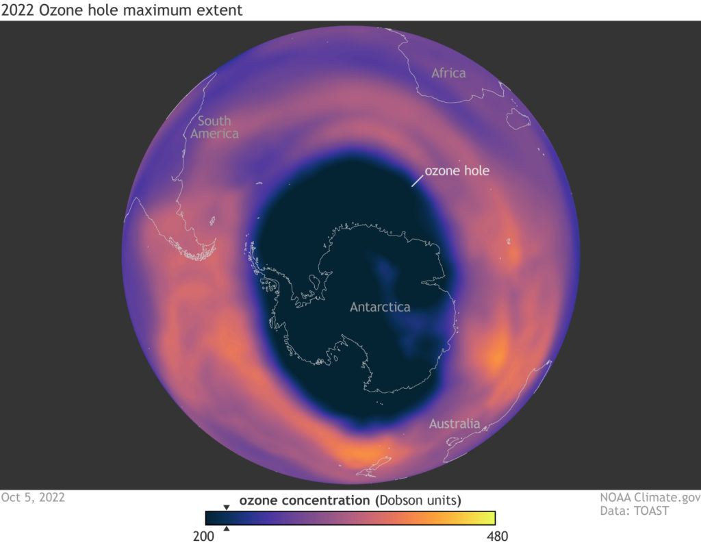 A map of the world showing a visualization of the ozone hole, which looks like a dark ring covering Antarctica.